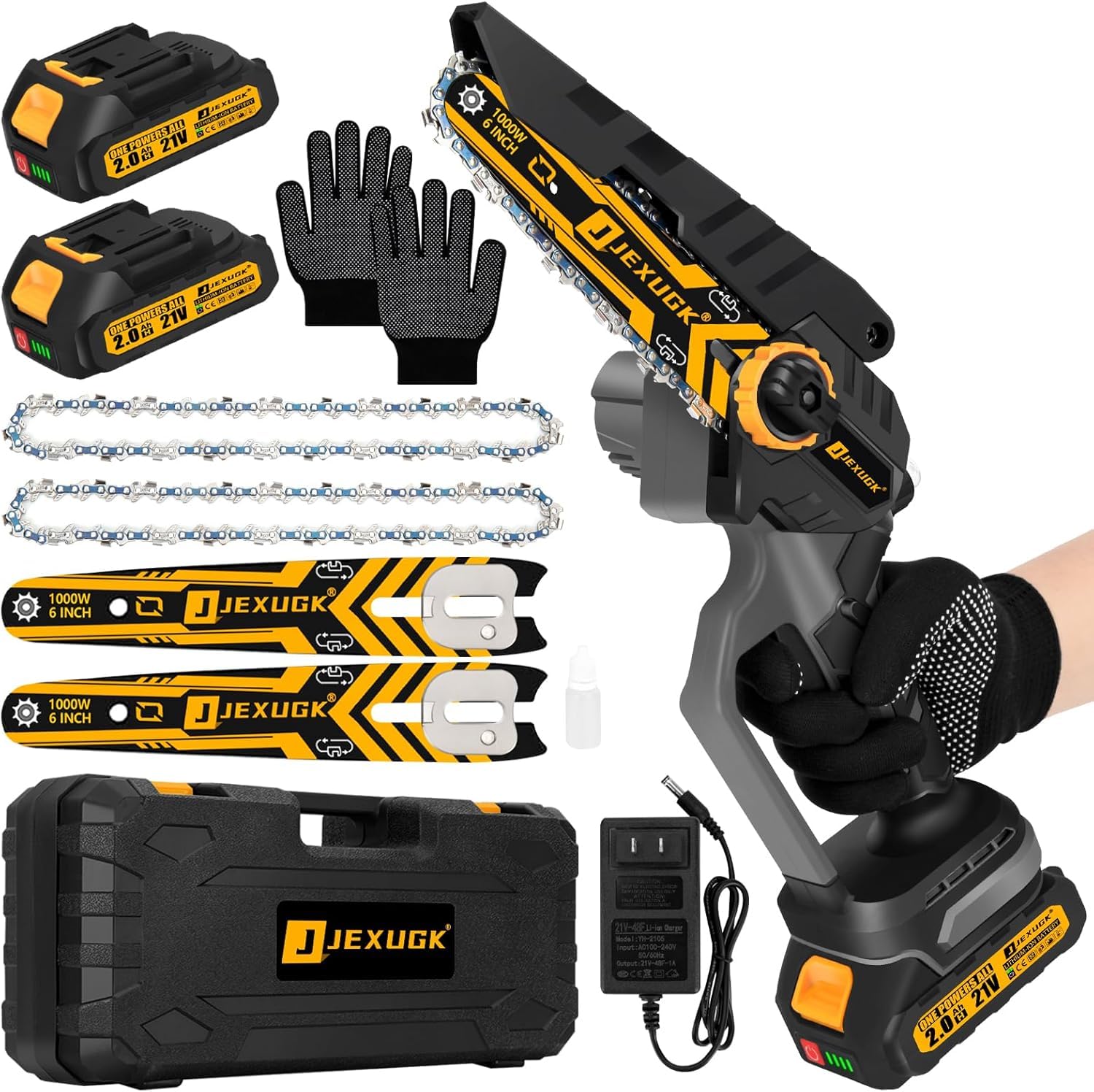 Photo 1 of JEXUGK 6" Mini Chainsaw Cordless,2 x 2.0Ah Battery Brushless Electric Chain Saw Tool-free Installation with 2 Chains & Guide Plates,Portable Handheld Motosierra for Tree Pruning Wood Cutting