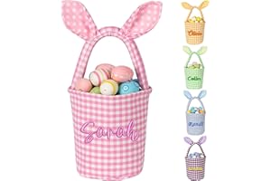 HiPeep Personalized Easter Bunny Ear Basket with Embroidered Name– Customizable Egg Hunt Bucket with Handle, Reusable Candy &