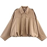 VOROFY Women's Cropped Faux Suede Jacket Oversized Bomber Shacket Coat Fall Casual Outerwear Long Sleeve Trendy Women's Coat (Khaki-S)