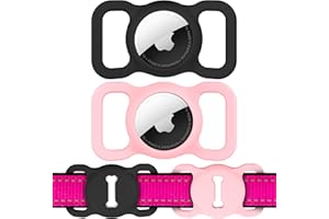 [2 Pack]Airtag Dog Collar Holder, DLENP Air Tag Protective Cat Airtag Dog Collar,Silicone AirTags GPS Tracking Accessories,Air Tags with Bone Pattern(Black/Pink)