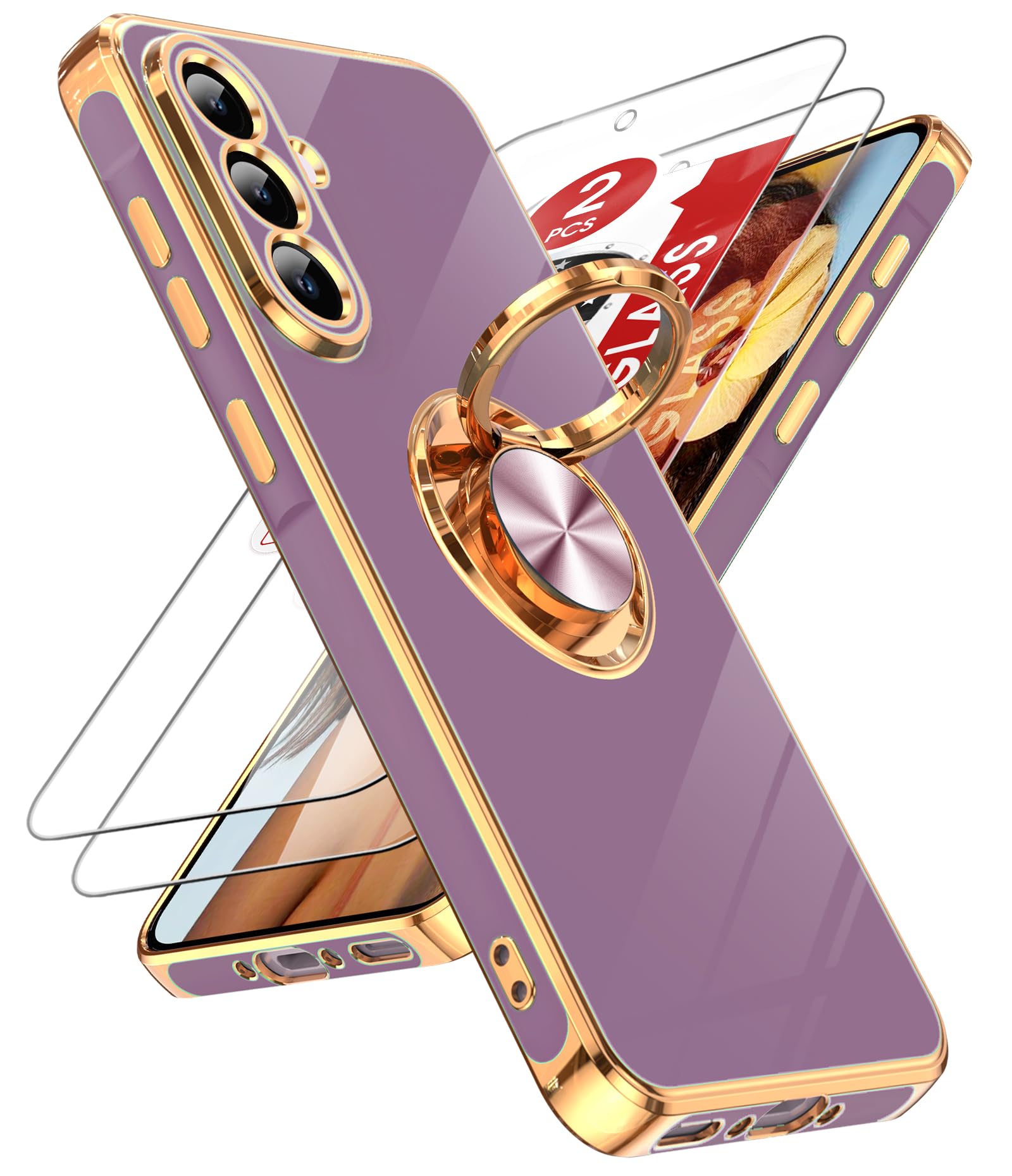 LeYi for Galaxy A56-5G Case: with 2 Pack Tempered Glass Screen Protector and 360° Rotatable Ring Holder Magnetic Kickstand, Plating Rose Gold Edge for Galaxy A 56 5G Case, Purple