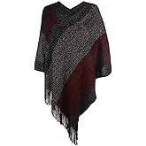 Women's Elegant Knitted Shawl Poncho with Fringed V-Neck Striped Sweater Pullover Cape Gifts for Women Mom