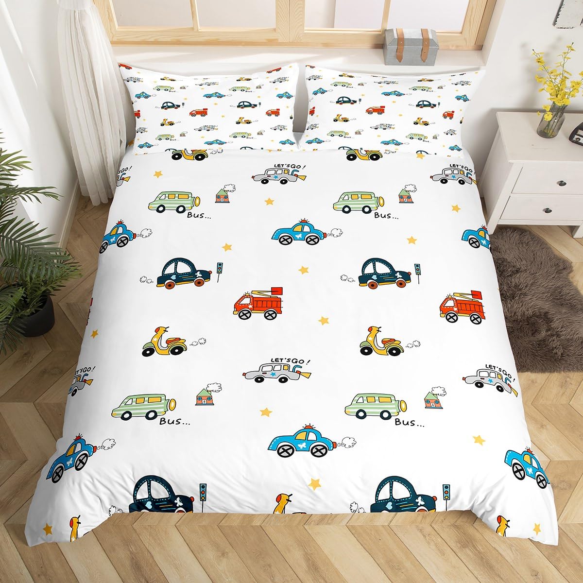 Homemissing Cars Cartoon Duvet Cover Cartoon Cars Bus Bedding Set Transport Vehicles Cars Comforter Cover for Kids Boys Traffic Vehicles Bedspread Cover Lightweight Quilt Cover Double — image 1