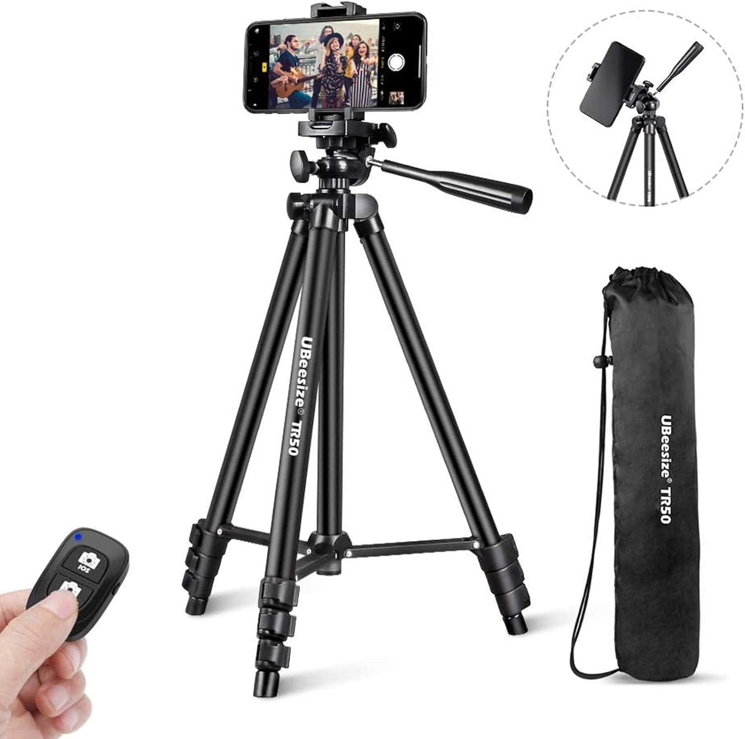 UBeesize Phone Tripod, 51" Adjustable Travel Video Tripod Stand with Cell Phone Mount Holder & Smartphone Bluetooth Remote, Compatible with iPhone/Android (Black)