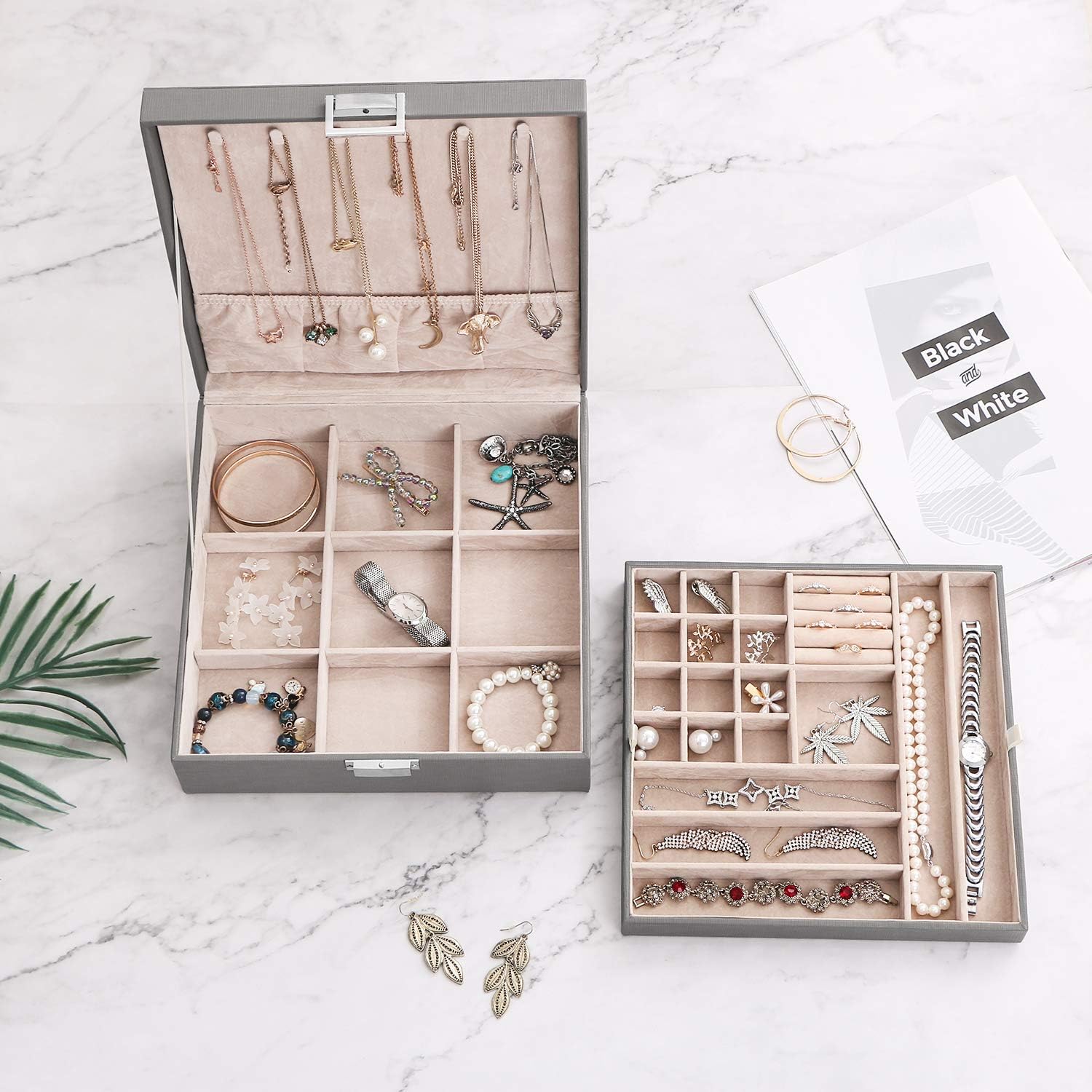BEWISHOME Jewelry Box for Women 35 Compartments Jewelry Organizer - 6 Necklace Hooks, 2 Layers - Jewelry Boxes Display Storage Case Jewelry Holder for Girls Grey SSH71H: Home Improvement