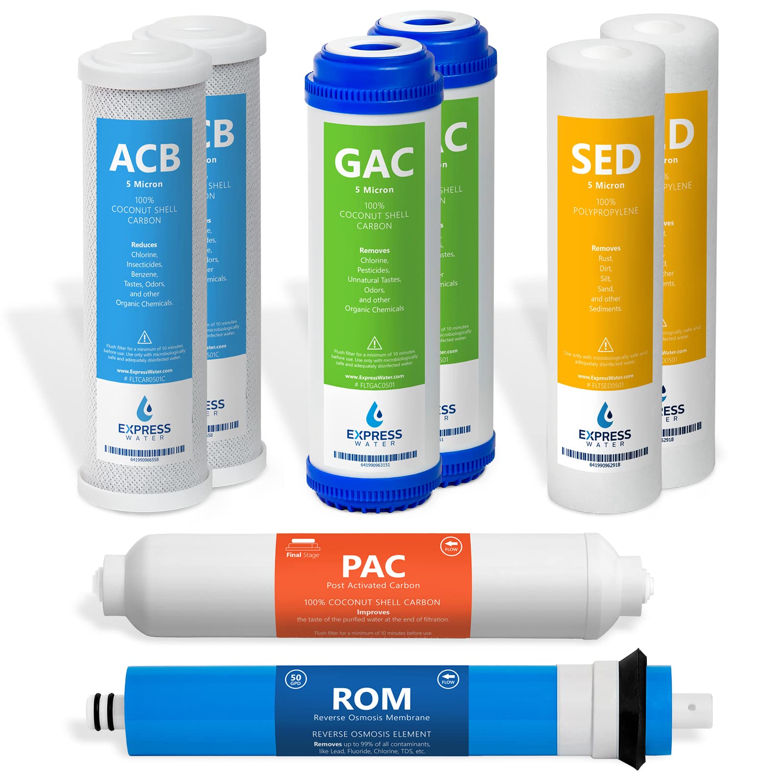 Photo 1 of Express Water – 1 Year Reverse Osmosis System Replacement Filter Set – 8 Filters with 50 GPD RO Membrane, Carbon GAC, ACB, PAC Filters, Sediment SED Filters – 10 inch Size Water Filters…