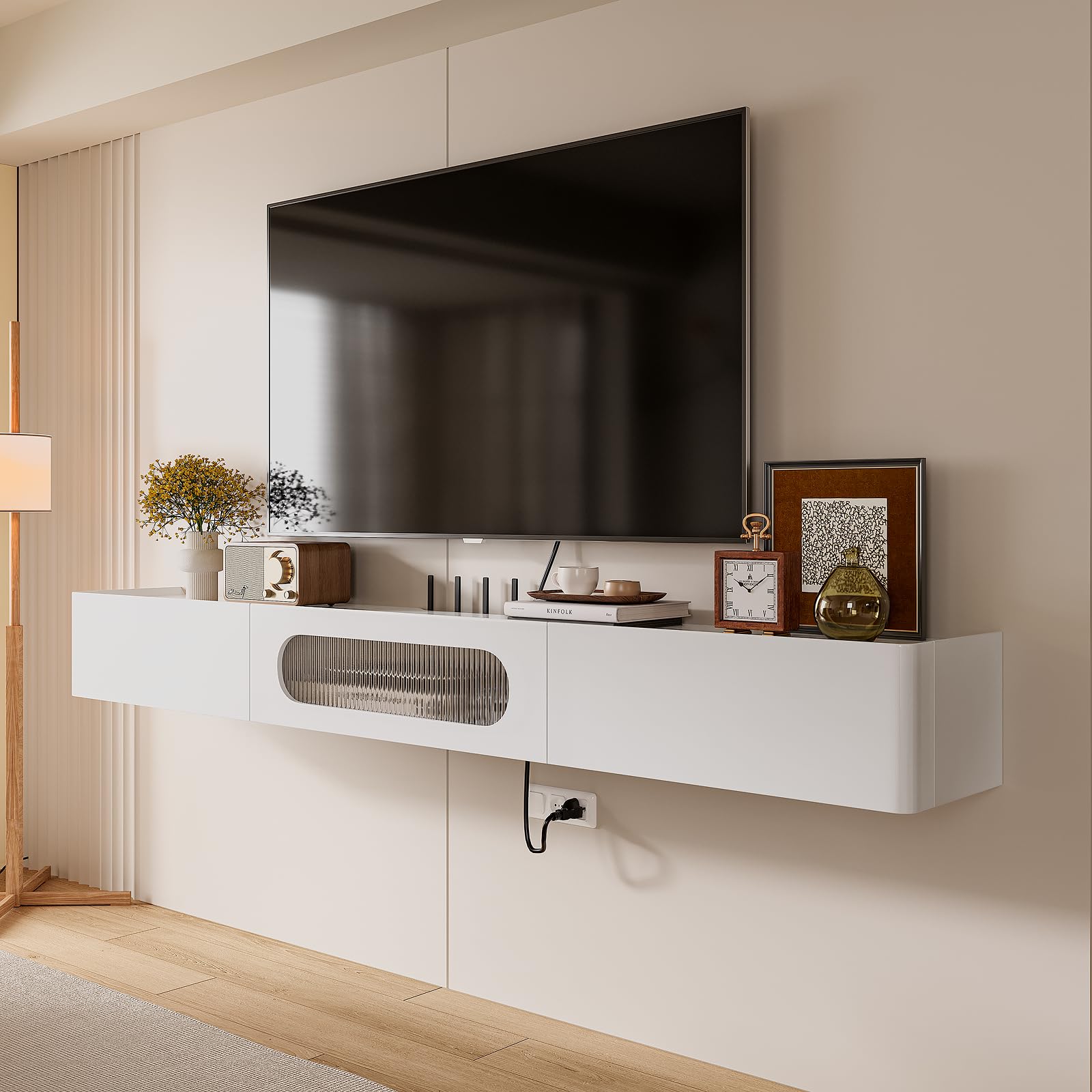 Photo 1 of **POSSIBLY MISSING ASSEMBLY PIECES UNKNOWN DAMAGES OR MISSING PIECES/UNTESTED** FloatiCasa Floating TV Stand, 70IN Fully Assembled Hign Gloss Wall Mounted TV Console with Flip-Down Door & Drawers for Livingroom, Bedroom