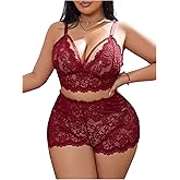 Floerns Women's Plus Size Floral Lace Sheer Cut Out Wireless Bra and Boyshort Lingerie Set