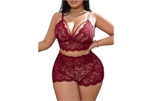 Women's Plus Size 2 Piece Lingerie Set Floral Lace Cut Out Wireless Bra and Boyshorts