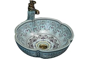 JDZJYBQX Ceramic Bathroom Vessel Sinks Light Blue Wash Basin Flower Shape Porcelain Countertop Sink for Bar and Cloakroom