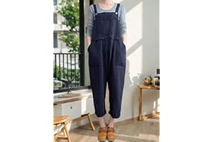 Women's Linen Overalls Baggy Rompers Bib Jumpsuit Wide Leg Pants with Pockets