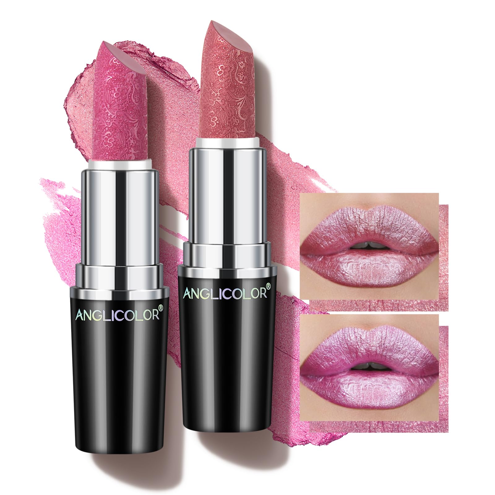 Angicolour Metallic Glitter Lipstick, Pink, Highly Pigmented, Long-Lasting Moisturising, Velvety Smooth Application, Creamy Sculpted Design (#11+#15, 8g)