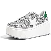 LUCKY STEP Women's Platform Chunky Sneakers Fashion Star Glitter Sparkly Wedge Walking Shoes High Heel Casual Shiny Thick Sole Footwear