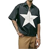 BEAUDRM Men's Star Graphic PU Leather Outerwear Zip Up Half Sleeve Collared Motorcycle Jacket Streetwear