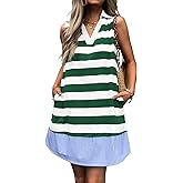 Mieazom Women Summer Tunic Dress V Neck Sleeveless Striped Casual Sundress Loose Flowy Swing Shift Dress with Pockets