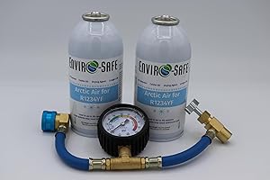 CMEBIZ Generic R1234YF, 1234YF Refrigerant Support, for Auto w/Brass Gauge (2 Pack), Blue, Gold, and White, ES1234AG2