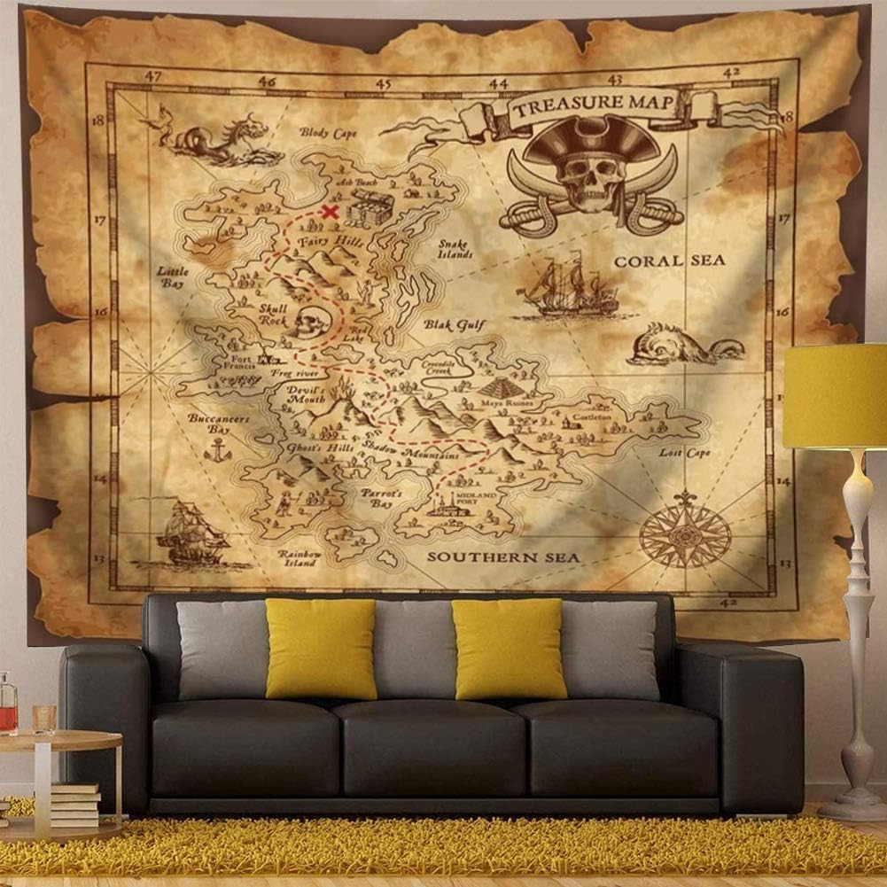 Tapestries - Treasure Map Tapestry Pirate Tapestry Island Map Super Detailed Treasure Map Pirates Gold Secret Sea History Psychedelic Wall Hanging Tapestry Halloween Tapestry For Bedroom Living Room Dorm Yellow And Gold