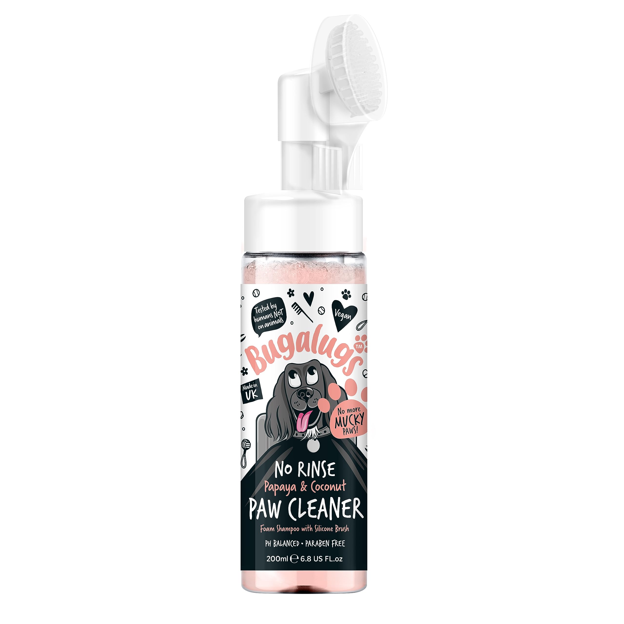 Bugalugs Dog Paw Cleaner No Rinse Foam Cat & Dog shampoo with Silicone Brush Head, waterless grooming products. Travel friendly paw cleaner for dogs defeat muddy paws on the go (Papaya & Coconut)