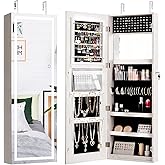 Giantex Jewelry Cabinet Armoire Door Wall Mount, 47.2in Lockable Touch Screen Lighted Full Length Mirror, 3 Lighting Settings, Inside Makeup Mirror, Jewelry Storage Box Organizer (Grayish White)