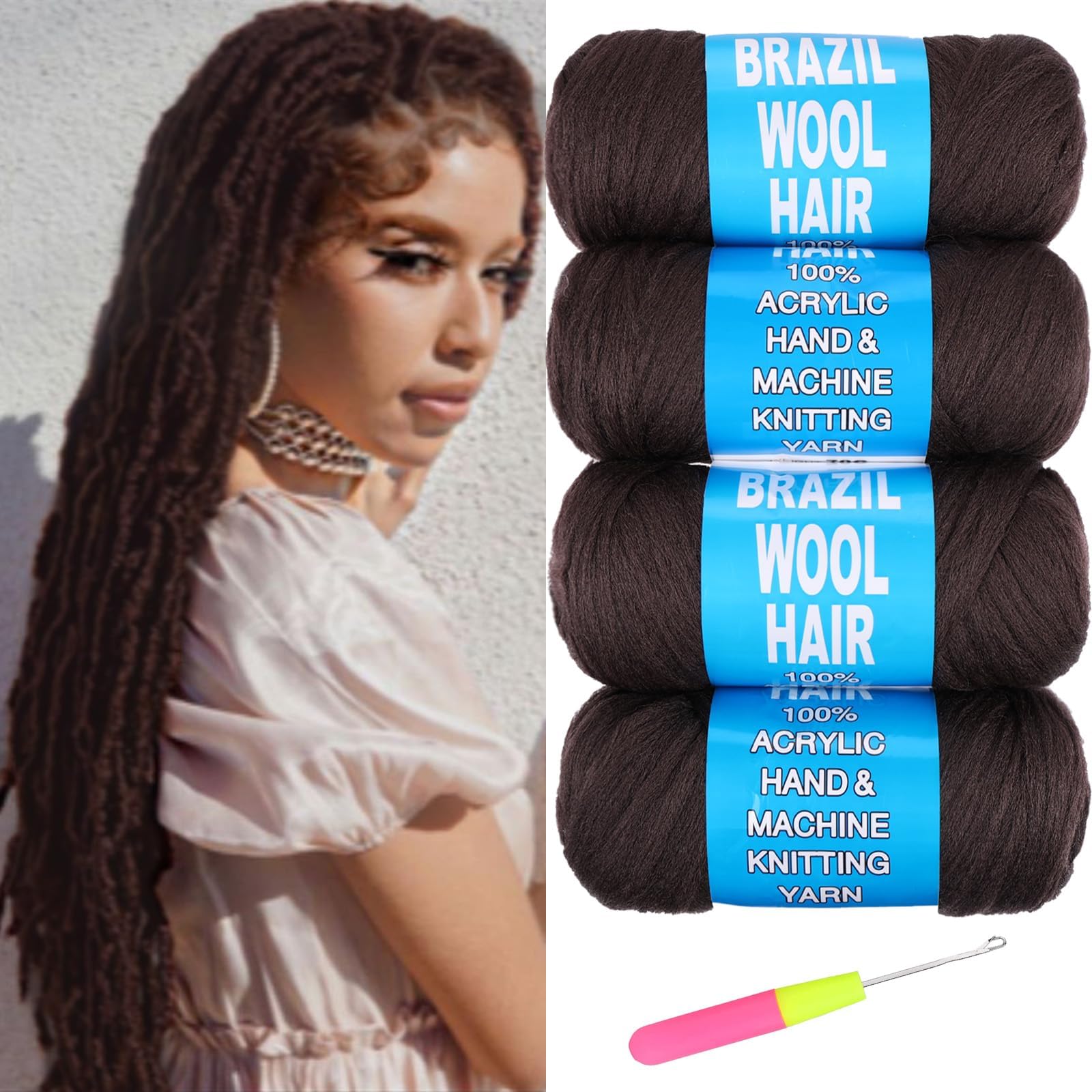 Ainimiu 4 Roll Brazilian Wool Hair for Braiding Faux Locs Crochet for Women Synthetic Braiding Hair Extensions