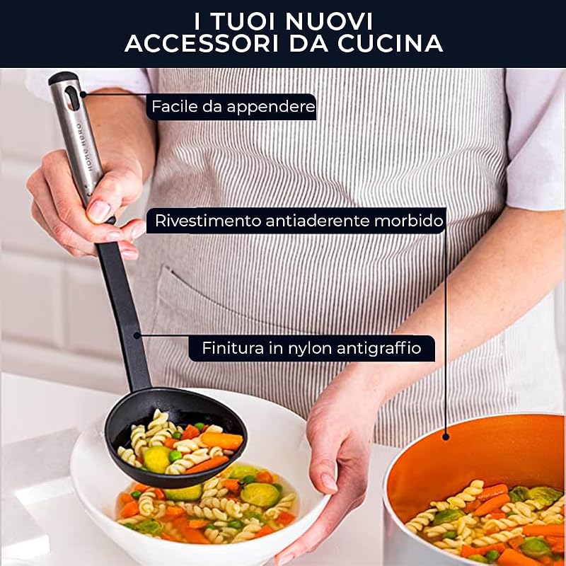 Utensili Cucina Set Termoresistenti al Calore e Antiaderente - Mestoli Spatola Cucchiaio Frusta Pinze Forbici (25 pezzi Nylon Set) — foto 6 di 8