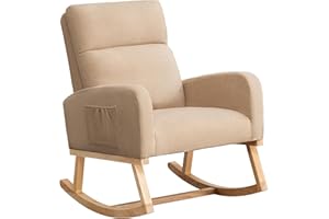 HOMYKA Rocking Chair Nursery, Uplostered Fabric Nursery Rocking Chair, Comfy High Backrest Rocker Nursing Chair for Mom Breastfeeding with Extended Legs for Living Room Bedroom, Khaki