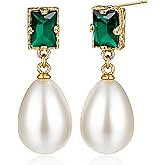 Aliyoham Emerald and Pearl Drop Earrings, 14K Gold Plated Vintage Earrings for Women, Teardrop Dangle Earrings Jewelry Gift