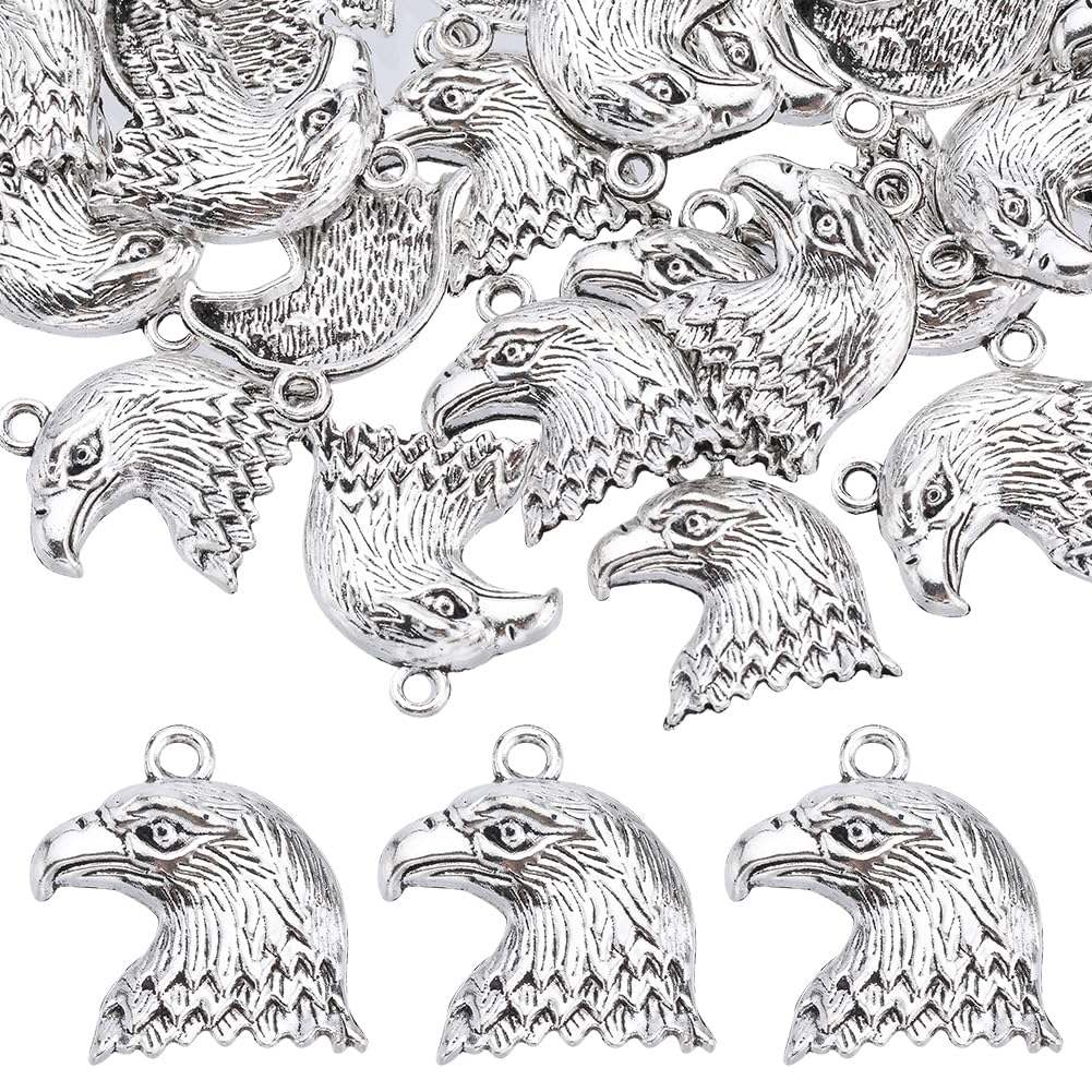 SUNNYCLUE 1 Box 50Pcs Eagle Head Charms Patriotic Charms Bulk Tibetan Style Antique Silver Alloy Eagle Charm America 4th of July Independence Day USA Bird Bald Eagle Charm for jewellery Making Charms
