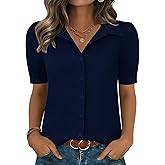 Zeagoo Women Button Down Shirts Puff Short Sleeve Blouses Chiffon Tops Business Casual Outfits Summer Clothes