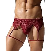 ABAFIP Men's Sissy Lingerie Sheer Mesh G-string Thong Lace Panties with Garter Band Crossdresser Underwear