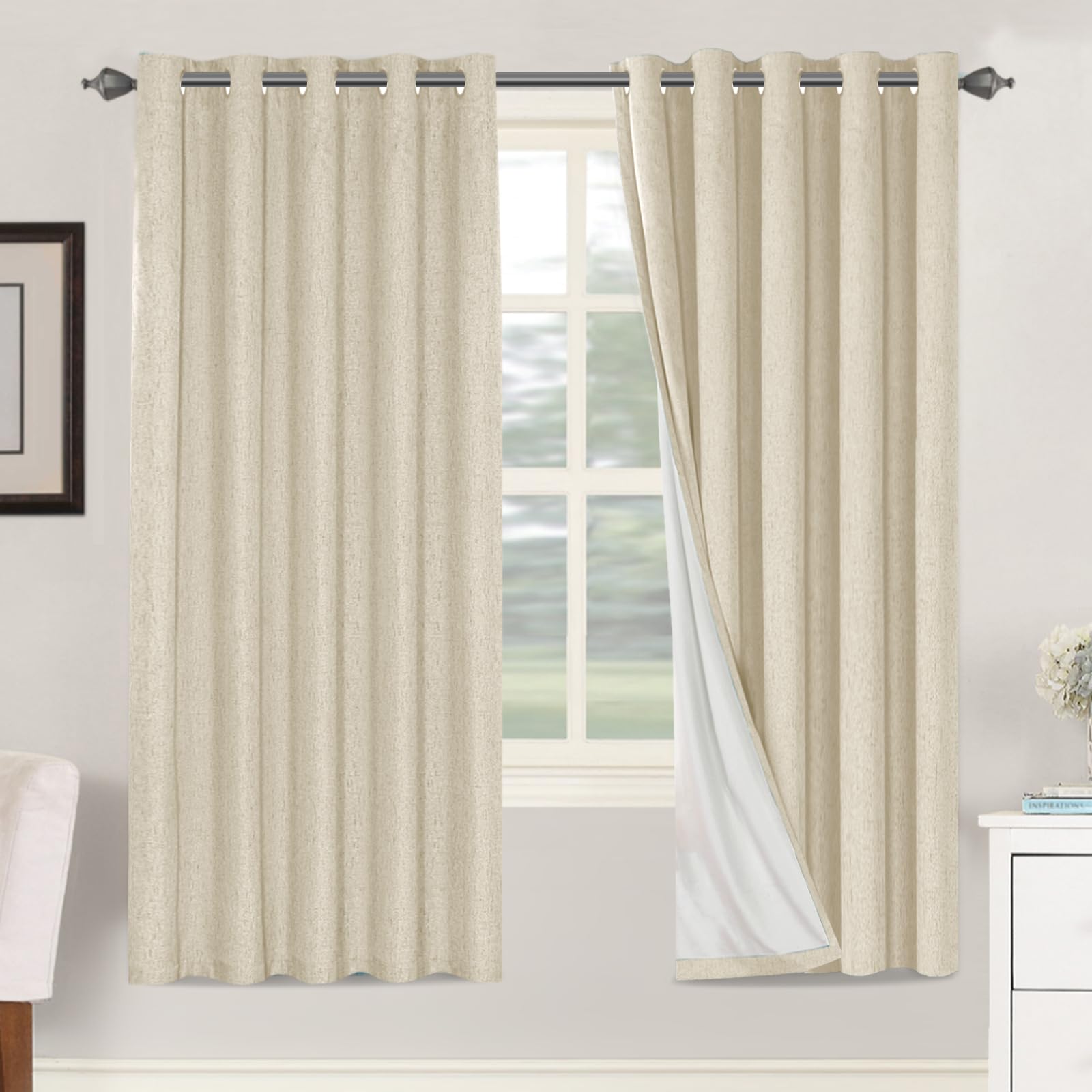 BellaHills 100% Blackout Curtains Linen Textured Blackout Curtains for Bedroom Full Light Blocking Thermal Insulated Curtain Panels Energy Saving with White Liner, 2 Panels, 66x72 Inch, Bleached Sand