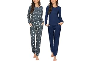Ekouaer 2 Pack Pajama Sets for Women,Long Sleeve Top With Jogger Pants Lounge Set Sleepwear with Pockets