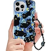 Fycyko Phone Case for iPhone 13 Pro Max Cute Cat Pattern Aesthetic Cool Girly with Phone Charms Strap Chain Protective Case for iPhone 13 Pro Max-Blue