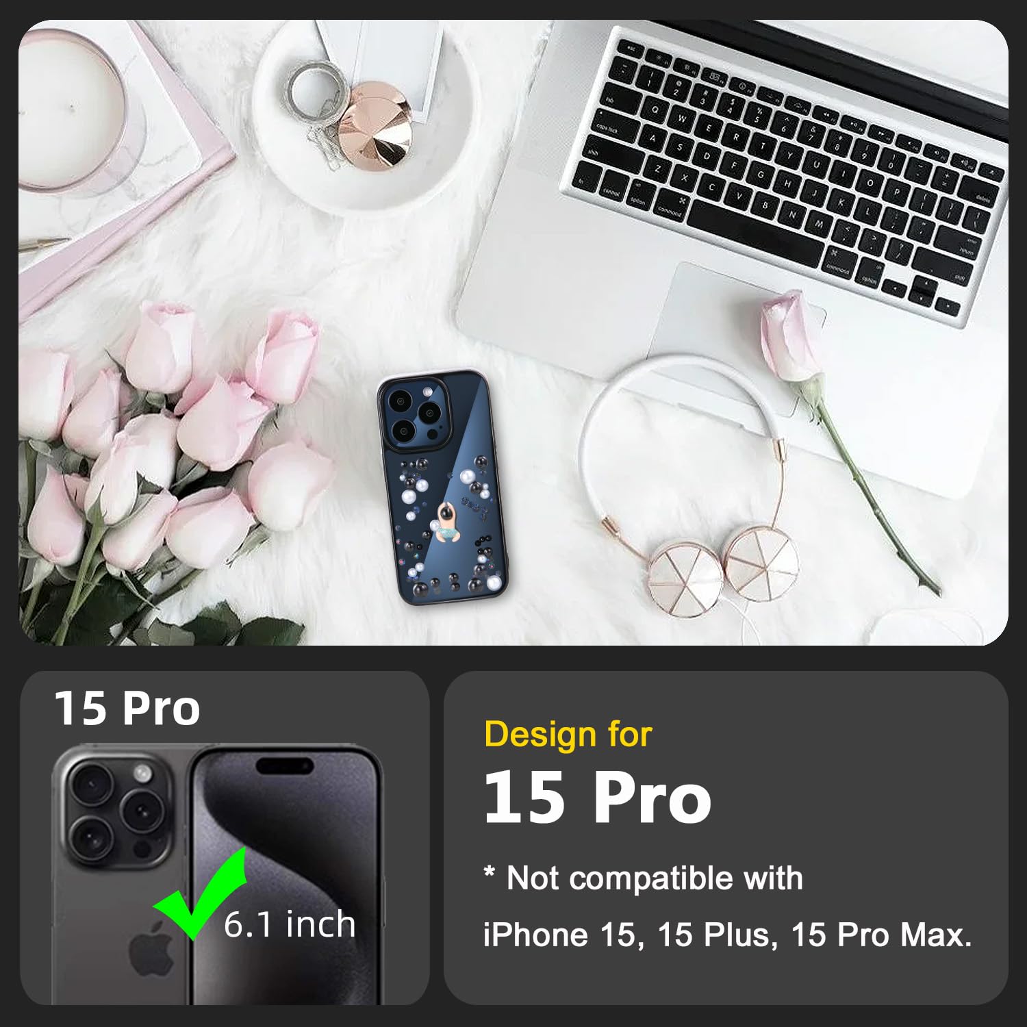 TzoMartico Case for iPhone 15 Pro Case 6.1 inch, Shockproof Hard Case Pearl Cute Case Clear - Black + Colorful Black