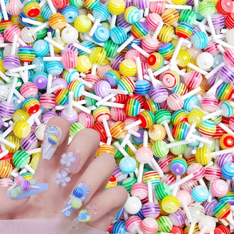 Lollipop Nail Art Decorations- 100PCS 3D Resin Candy Lollipop Nail Charms Rhinestones Ornaments for DIY Nail Accessories, Slime, Crafts(Random Color) (A)