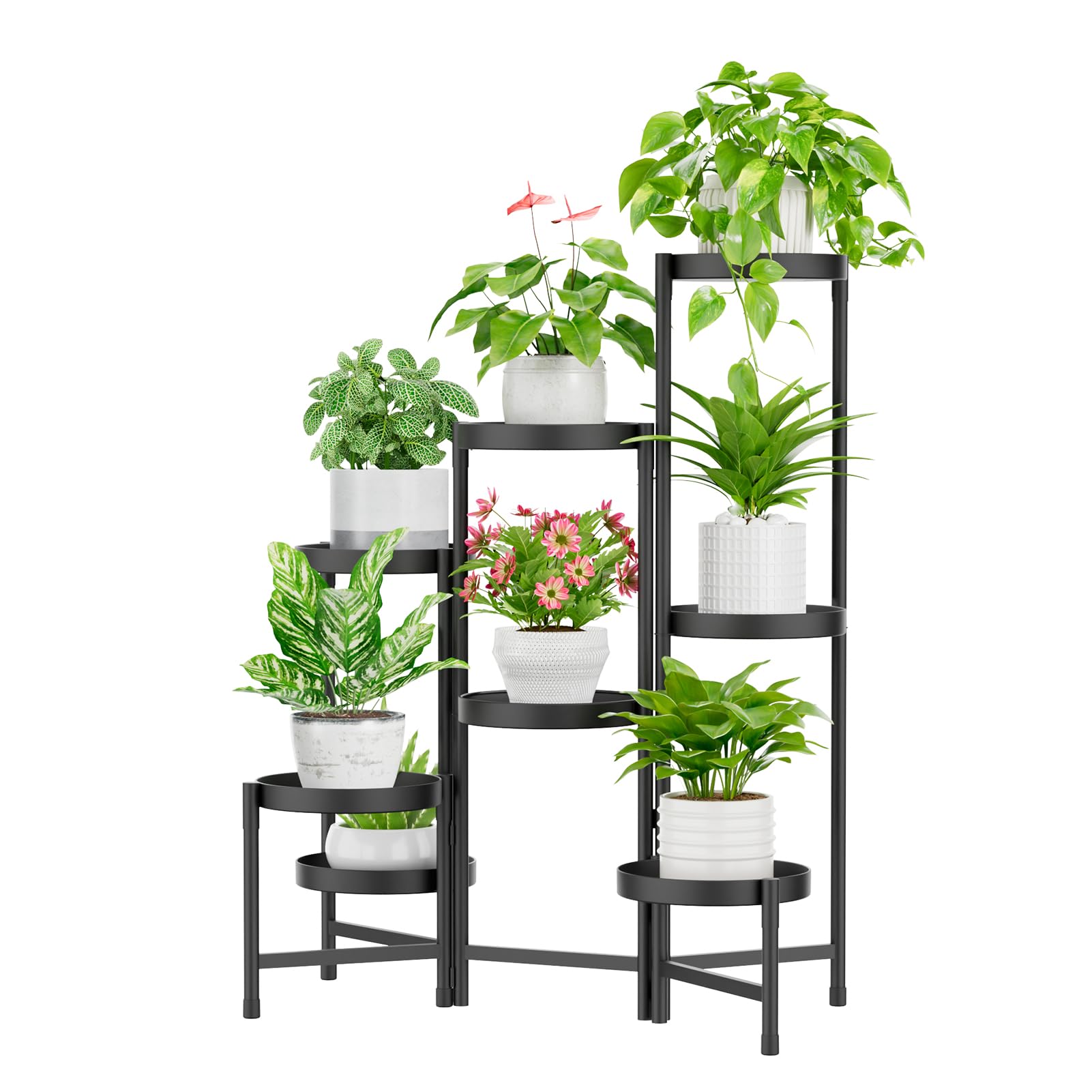 Photo 1 of iDavosic.ly 8 Tier Plant Stand for Indoor Outdoor, Tiered Folding Corner Flower Display Holder Shelf, Metal 32 Inch Tall Rack for House Patio Balcony Garden Living Room, Modern Black