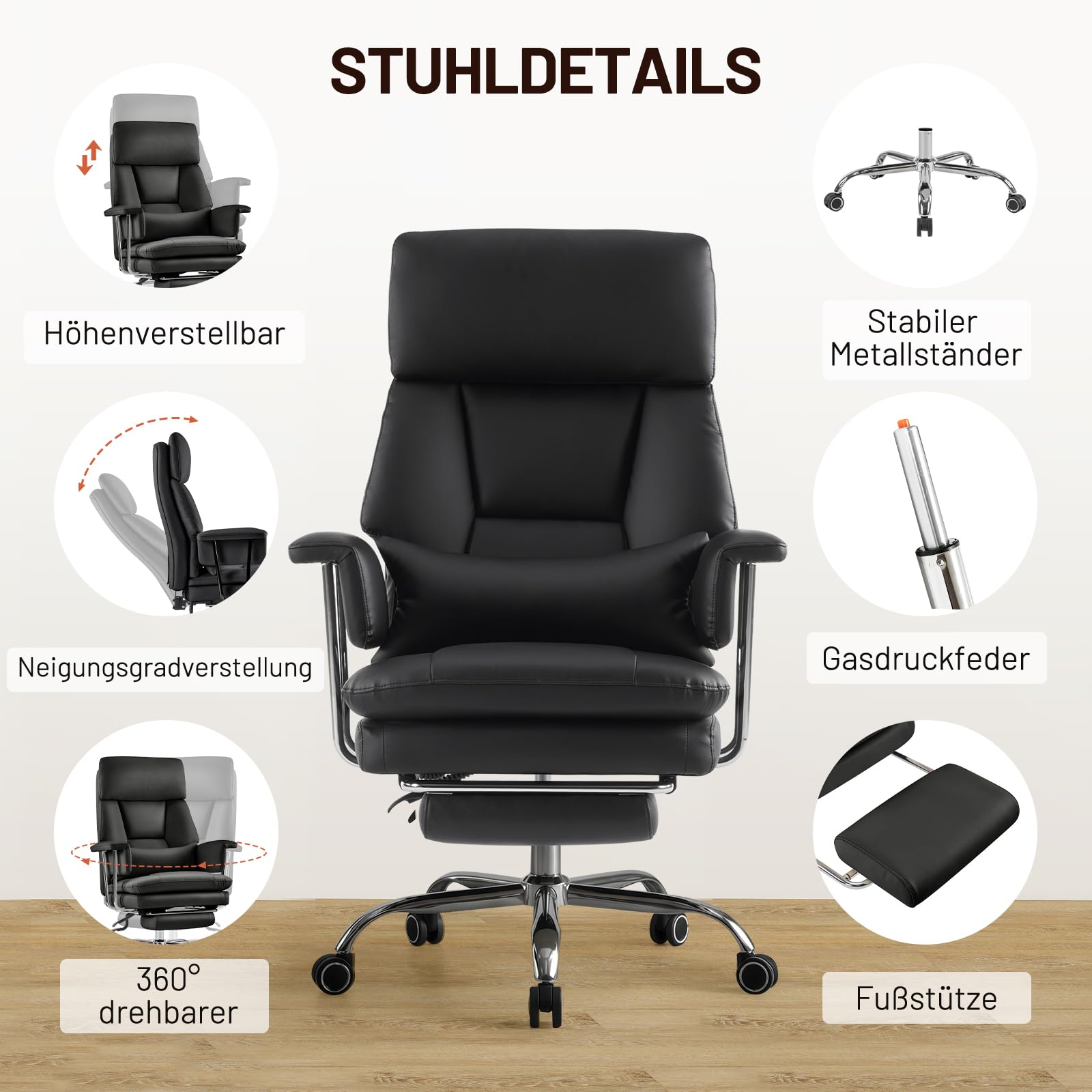 Ckaff Bürostuhl Ergonomischer mit Fußstütze und Lendenwirbelstütze, PU Leder Chefsessel 200KG XXL, Schreibtischstuhl Drehstuhl mit Armlehnen und Kopfstütze Höhenverstellbarer, Schwarz 5