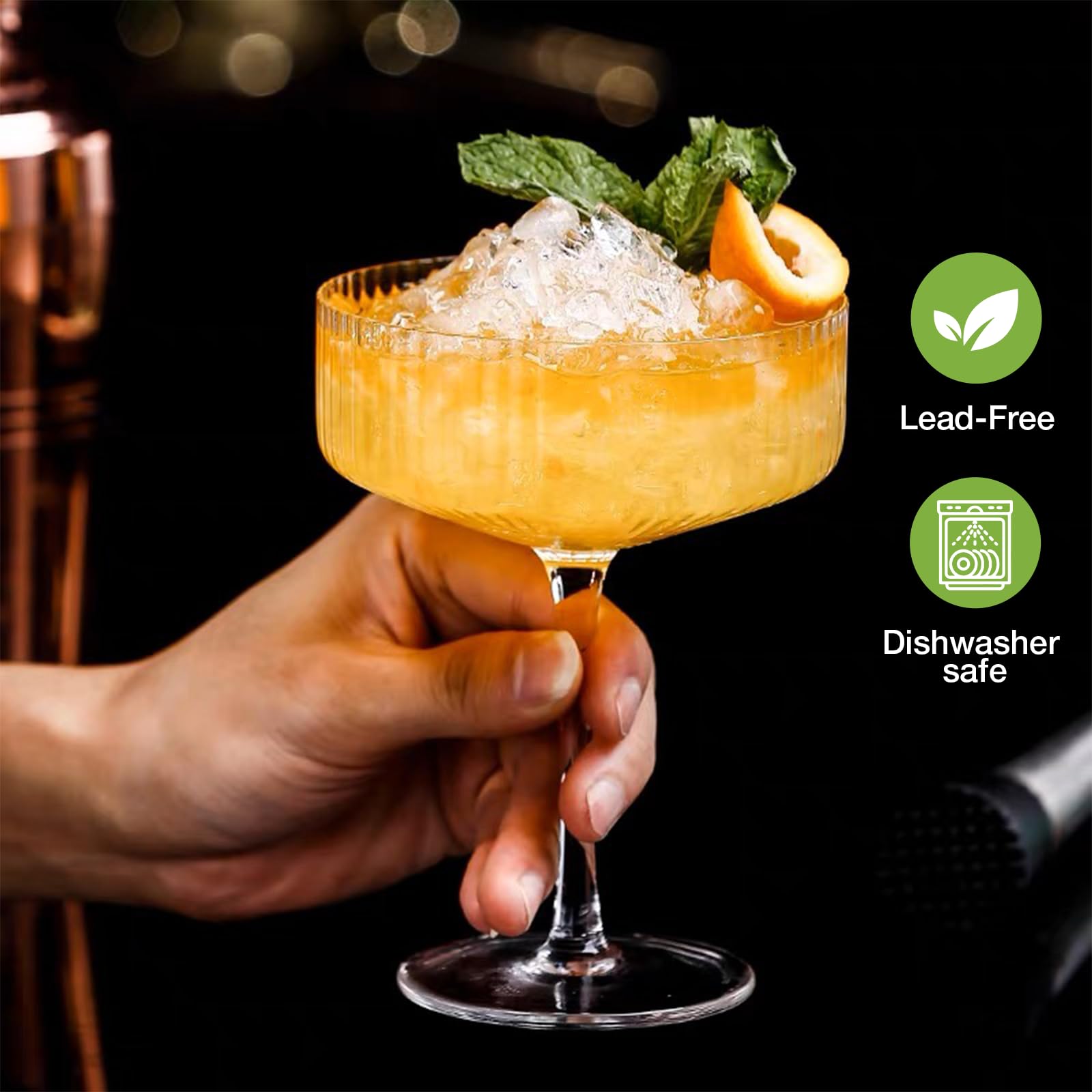 Qipecedm 4 Pcs Ribbed Coupe Glasses, 10 oz Vintage Cocktail Coupe Glasses Set, Unique Martini Glass, Classic Cocktail Galssware, Bar Drinking Glasses Set Pefect for Cocktail, Wine, Champagne & Gift - Image 6