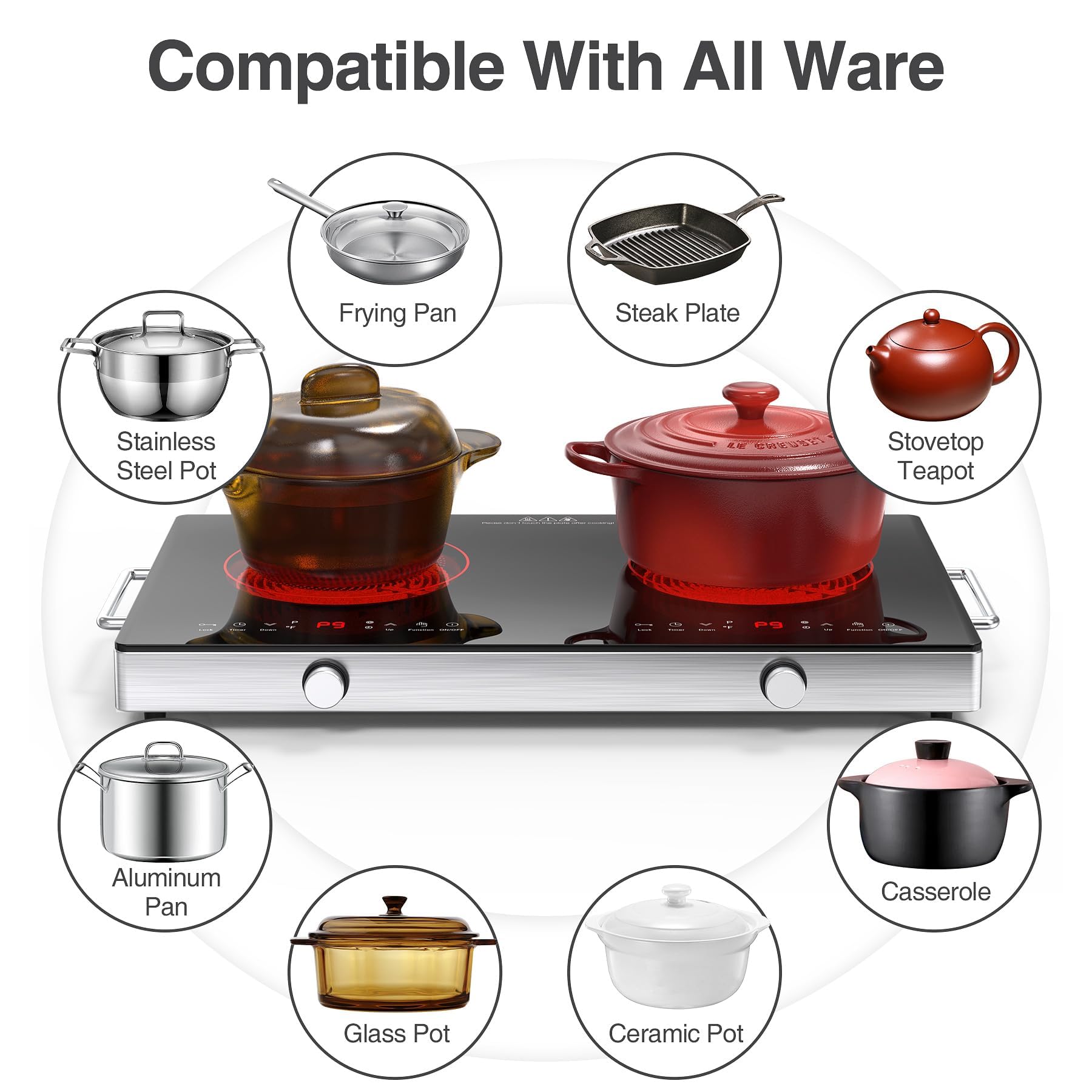 VBGK Electric Cooktop,110V 2400W Electric Stove Top with Knob Control,9 Power Levels, Kids Lock & Timer,LED touch control,Overheat Protection Electric stove,24 Inch desktop 2 burner