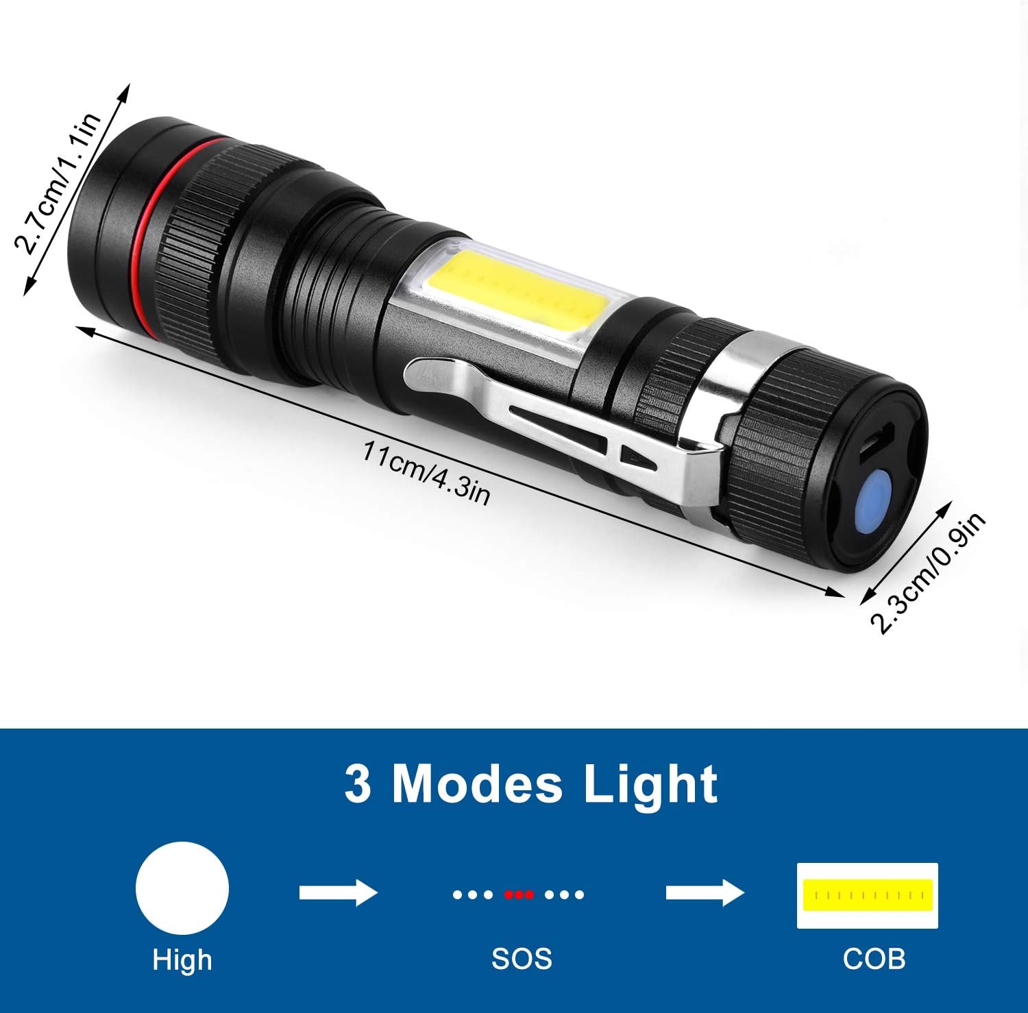 Rechargeable LED Flashlight T6 with Cob Sidelight, CoaTaco High Lumens Super Bright Mini Torch Handheld Flashlight with Clip, Zoomable, Water Resistant, 3 Light Modes (2 Pack) - - 