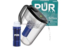 PUR Plus 11-Cup Water Pitcher, 1 Lead-Reducing Filter, Cleaner, Great-tasting Water, Dishwasher Safe, Powerful Filtration, Filter Change Light Indicator, LockFit Cap Design - Smoke