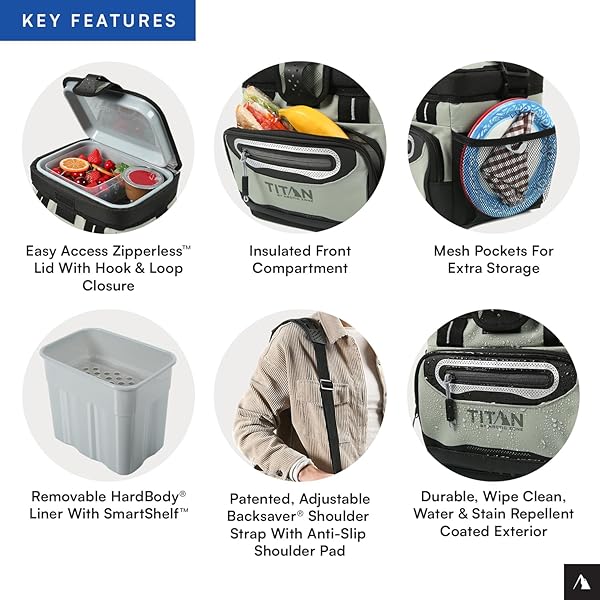 TITAN BY ARCTIC ZONE ZIPPERLESS SOFT SIDED COOLER WITH HARDBODY LINER AND SMARTSHELF, INSULATED BAG WITH SHOULDER STRAP FOR LUNCH AND TRAVEL, 9 CAN CAPACITY, SEAGRASS