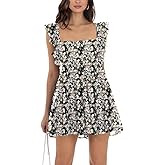 Oumrdeo Women’s Summer Square Neck Tie Back Ruffle Sleeve Tiered Casual A-Line Short Mini Dress