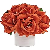 WELL KNOWN Artificial Flowers in Vase, Silk Rose Arrangement Mini Potted Realistic Fake Flowers with Ceramic Vase for Wedding Vanity Centerpiece Coffee Table Bathroom Anniversary Decor (Burnt Orange)