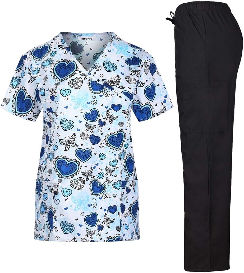 Women's Printed Medical Scrub Set Mock Wrap Top and Pants Blue Black XS