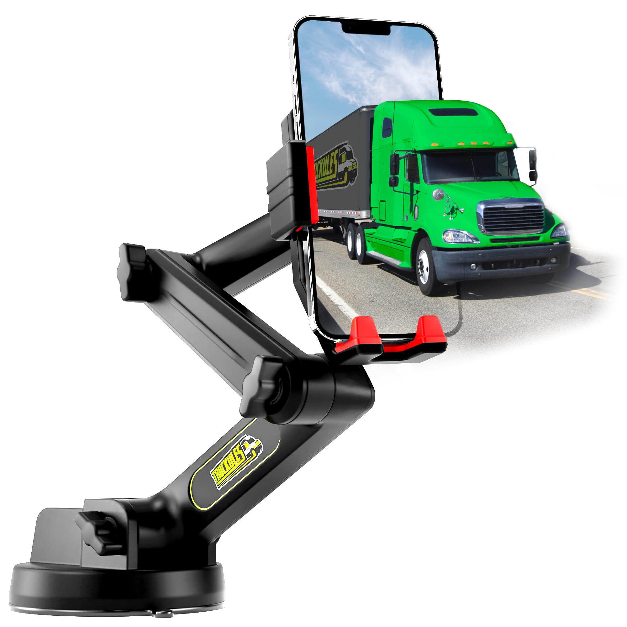 Cell Phone Mount for Truck Phone Holder for Truck Drivers - Heavy Duty Suction Cup + Dashboard Pad, iPhone Holder for Dashboard Window 16.9 inch Long, for iPhone & Samsung, Semi Trucker, Red