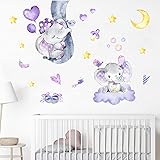 Yovkky Watercolor Purple Girls Elephant Nose Wall Decal Sticker, Moon Cloud Balloon Bird Grey Star Nursery Decor, Home Baby S