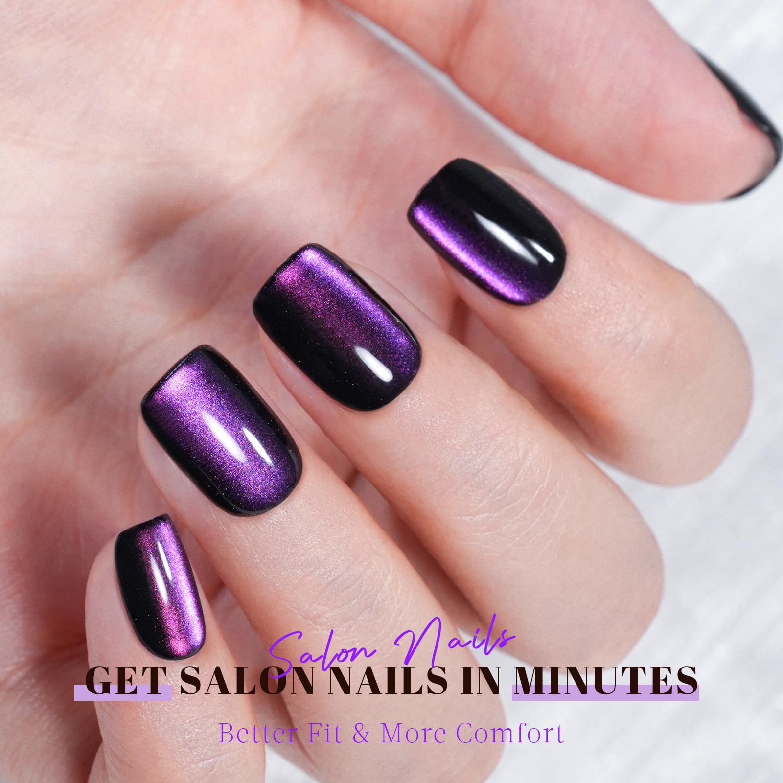 Cat Eye Press on Nails Short, Jofay Fashion Stylish Purple Square Press on Nails, Soft Gel Fake Nails, Reusable & Natural Acrylic False Nails, Stick on Nails for Women Gift, Glue on Nails Kit 32 Pcs - Image 2