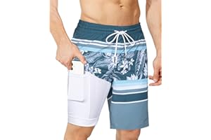 SURF CUZ 9" Mens Swim Trunks with Compression Liner Swimming Shorts 2 in 1 Stretch Quick Dry Zipper Pockets