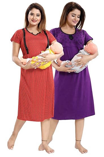 Multicolor Cotton Women Maternity Nighty for Feeding (Pack of 2) - Free Size